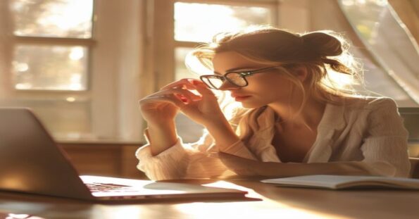 Mujer examinando unas gafas graduadas recién recibidas en casa con luz natural
