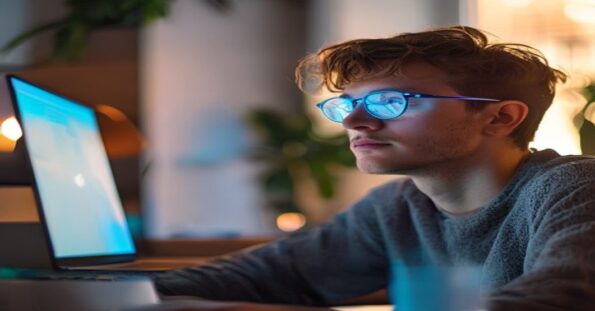 Persona con gafas de filtro de luz azul trabajando frente a un ordenador portátil en una oficina luminosa