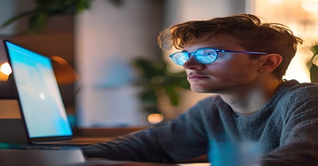 Persona con gafas de filtro de luz azul trabajando frente a un ordenador portátil en una oficina luminosa