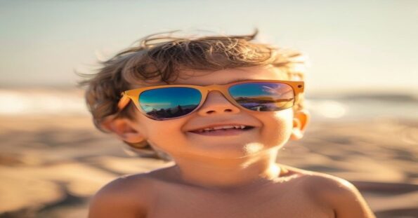 Niño pequeño con gafas de sol de protección UV400 en la playa en un día soleado